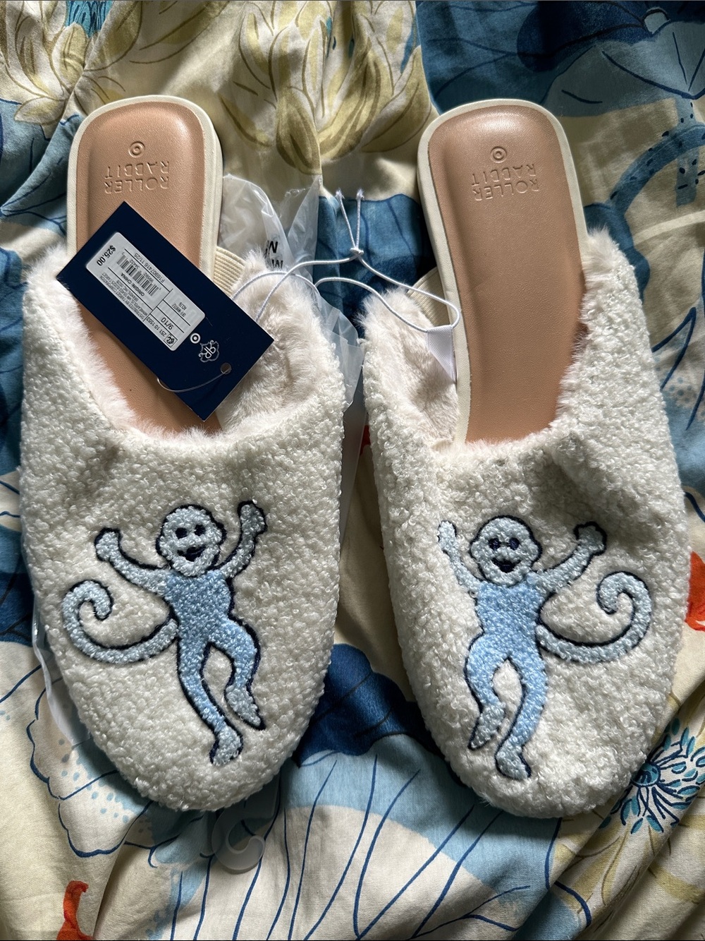 Roller Rabbit White Fuzzy Slippers with Light Blue Monkey Motif